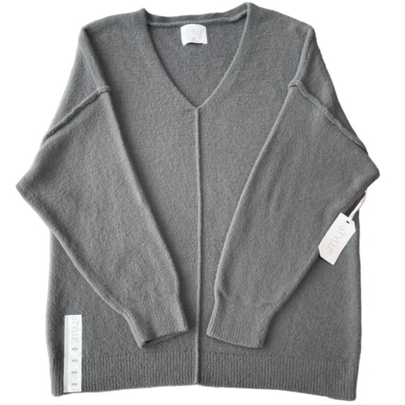 Soft Grey V Neck Cozy Slimming Look Long Sleeve Pullover Sweater Plus Size XXL - Picture 4 of 11